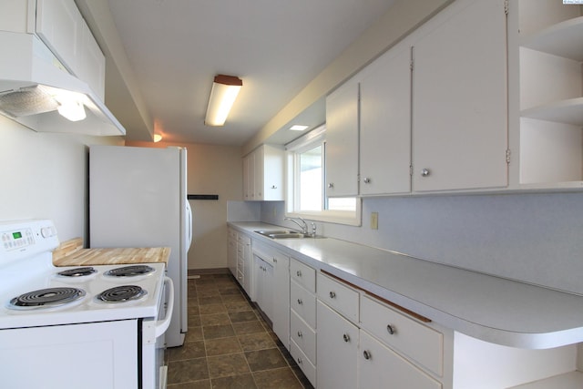 kitchen with white range with electric cooktop, under cabinet range hood, a sink, open shelves, and light countertops