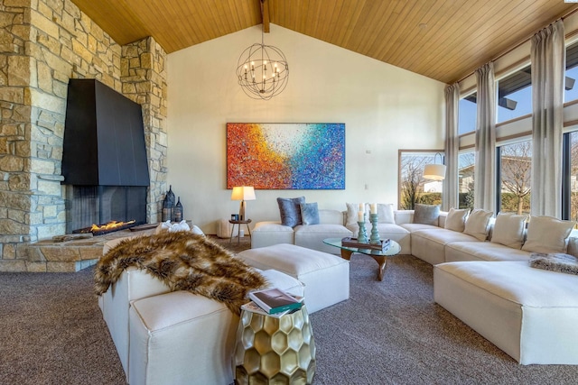 living area featuring wood ceiling, an inviting chandelier, carpet flooring, and high vaulted ceiling