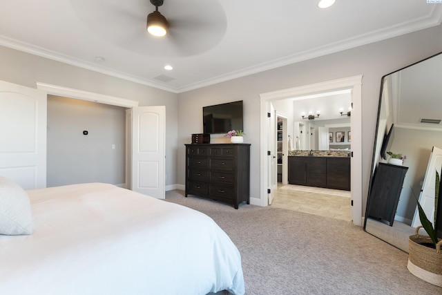 bedroom with baseboards, ornamental molding, visible vents, and light colored carpet