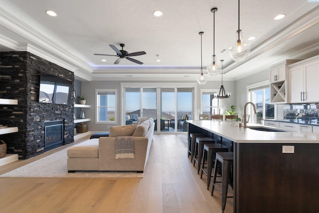 living area with a tray ceiling, crown molding, light wood-style floors, a fireplace, and recessed lighting