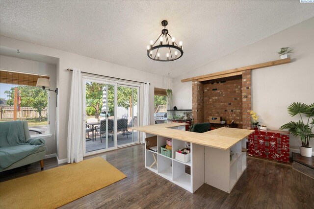 324 S Zinser St, Kennewick, WA 99336 - kitchen with open shelves, a chandelier, dark wood-style floors, a textured ceiling, and wood counters