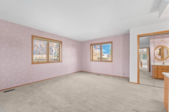 carpeted spare room with sink and a healthy amount of sunlight