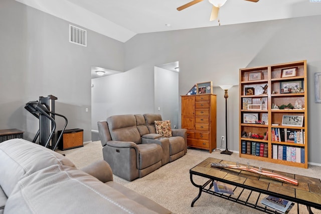 carpeted living room featuring lofted ceiling and ceiling fan