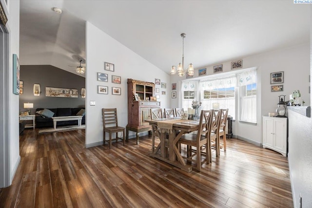 4210 Desert Plateau, Pasco, WA 99301 - dining space with lofted ceiling, dark wood-style floors, a chandelier, ceiling fan, and baseboards