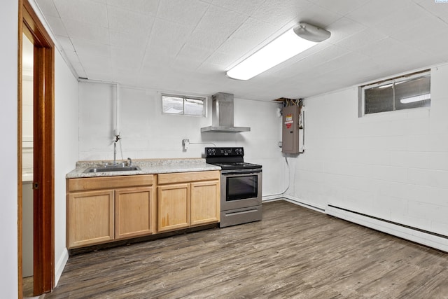 405 W 7th Ave, Ritzville, WA 99169 - kitchen with dark hardwood / wood-style flooring, sink, stainless steel electric stove, and wall chimney exhaust hood