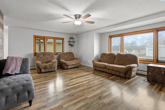 405 W 7th Ave, Ritzville, WA 99169 - living room featuring ceiling fan, hardwood / wood-style floors, a textured ceiling, and baseboard heating