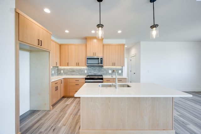 1060 SW Panorama Dr, Pullman, WA 99163 - kitchen featuring light brown cabinetry, a sink, light countertops, light wood finished floors, and stainless steel appliances
