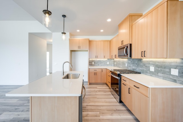 1060 SW Panorama Dr, Pullman, WA 99163 - kitchen featuring a sink, light countertops, light wood finished floors, light brown cabinets, and stainless steel appliances
