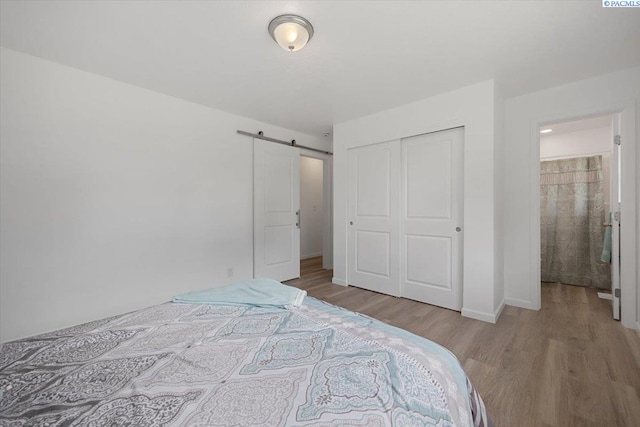 3925 W Okanogan Ave, Kennewick, WA 99336 - bedroom with wood finished floors, a closet, a barn door, and baseboards