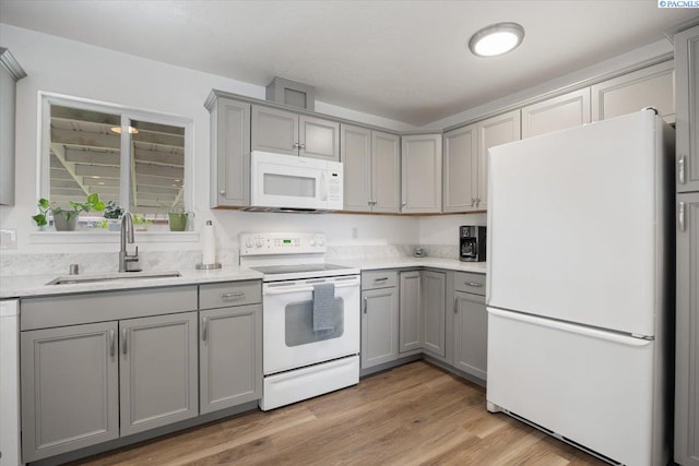 3925 W Okanogan Ave, Kennewick, WA 99336 - kitchen with white appliances, gray cabinets, a sink, and light countertops