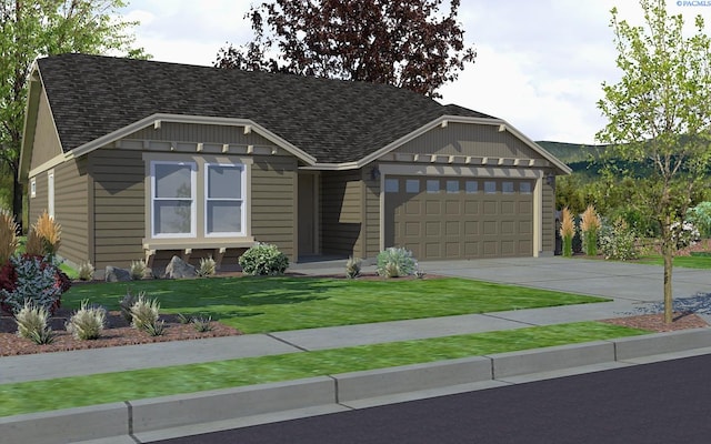 view of front of property with a garage, driveway, a shingled roof, and a front lawn