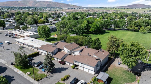 aerial view of residential area with a mountain backdrop