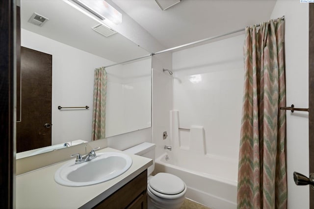 bathroom with toilet, shower / bath combination with curtain, and vanity