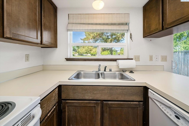 kitchen with dishwasher, a sink, dark brown cabinets, and light countertops