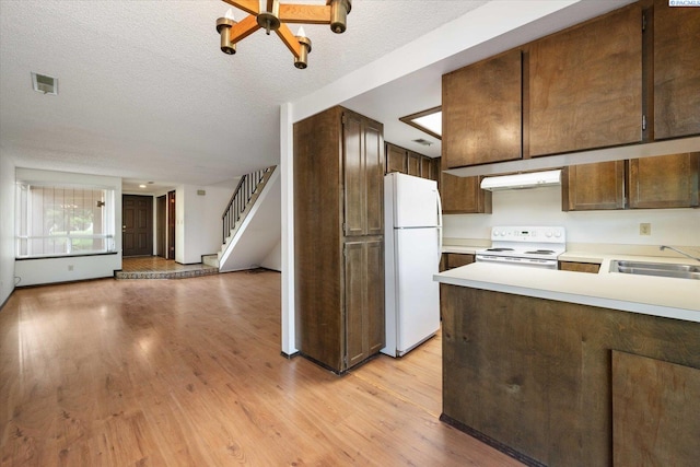 kitchen featuring white appliances, a sink, light countertops, under cabinet range hood, and a textured ceiling