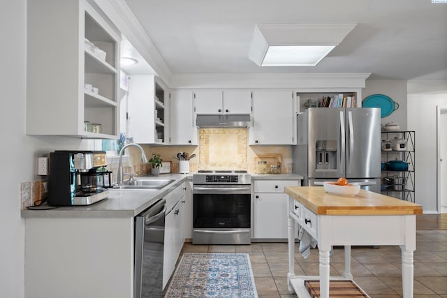 912 Rd 44, Pasco, WA 99301 - kitchen featuring appliances with stainless steel finishes, open shelves, under cabinet range hood, white cabinets, and tasteful backsplash