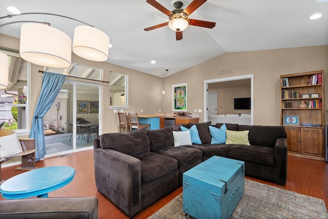 912 Rd 44, Pasco, WA 99301 - living room featuring wood finished floors, lofted ceiling, a ceiling fan, and recessed lighting