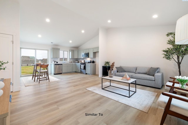 living room featuring high vaulted ceiling and light hardwood / wood-style floors