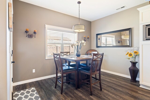 dining room featuring dark wood-style floors, plenty of natural light, and baseboards