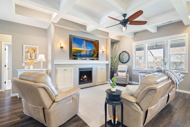 living area featuring baseboards, visible vents, coffered ceiling, dark wood-style flooring, and a fireplace