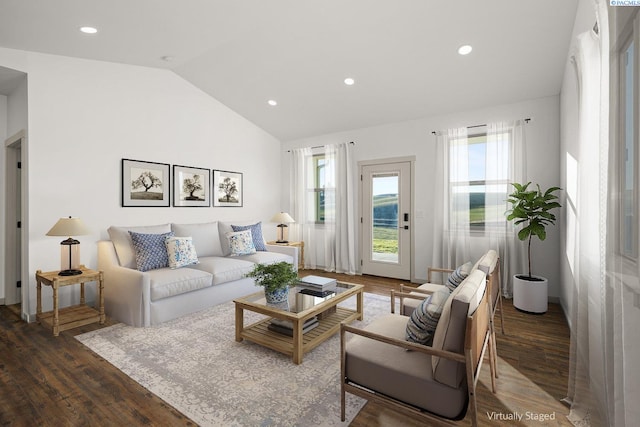 living room featuring lofted ceiling and dark hardwood / wood-style flooring