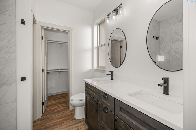 bathroom with vanity, hardwood / wood-style floors, and toilet