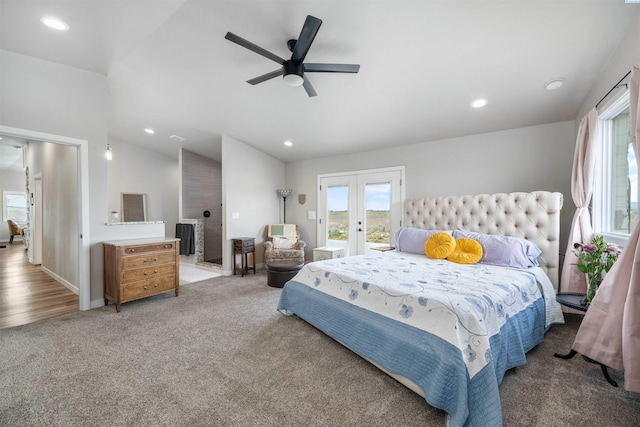 160103 W Byron Rd, Prosser, WA 99350 - carpeted bedroom with french doors, access to exterior, lofted ceiling, recessed lighting, and ceiling fan