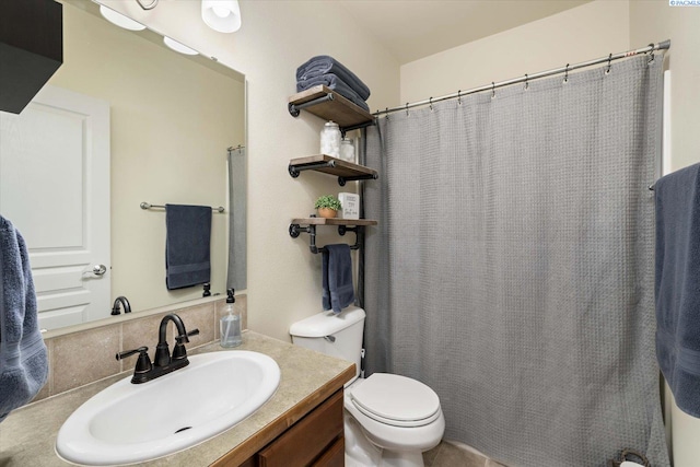 5719 W 15th Ave, Kennewick, WA 99338 - bathroom featuring vanity, backsplash, and a shower with curtain