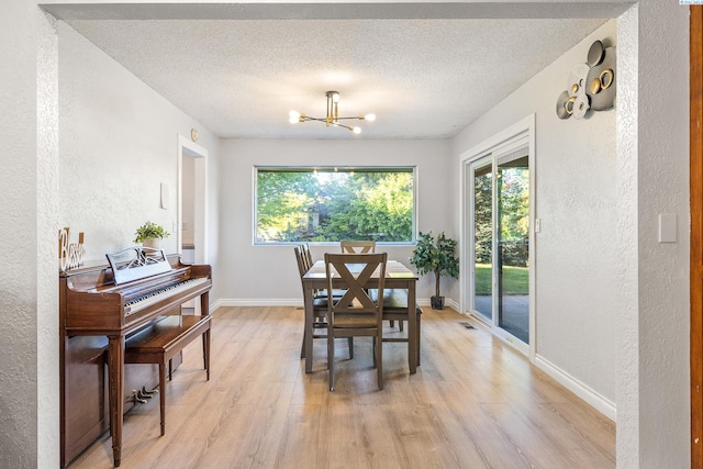 1112 Mcmurray St, Richland, WA 99354 - dining room with a textured wall, light wood finished floors, a chandelier, baseboards, and a textured ceiling