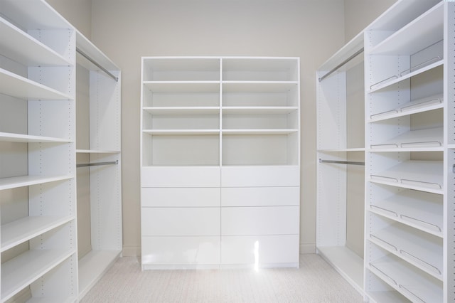 walk in closet featuring light colored carpet