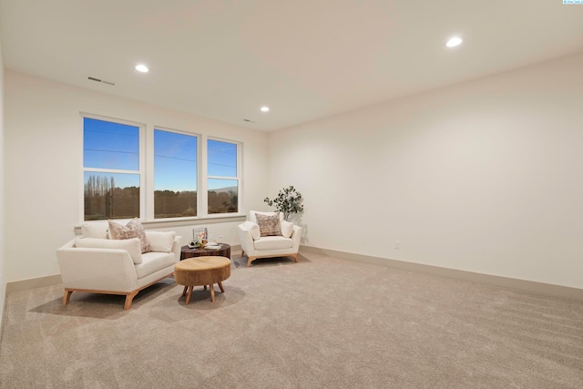 living area featuring light colored carpet