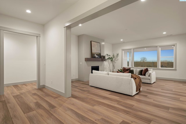 living room featuring a large fireplace and light hardwood / wood-style flooring