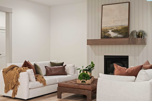 living room with a large fireplace and light hardwood / wood-style floors