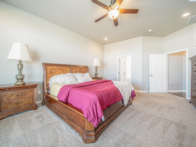 carpeted bedroom featuring recessed lighting, visible vents, a ceiling fan, connected bathroom, and baseboards