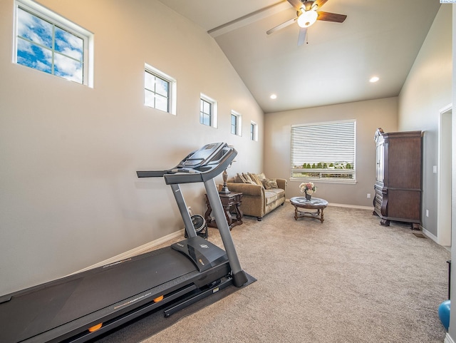 workout room featuring high vaulted ceiling, recessed lighting, light carpet, a ceiling fan, and baseboards