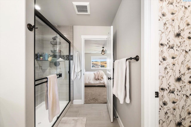 10389 W 17th Pl, Kennewick, WA 99338 - bathroom featuring ensuite bath, a stall shower, and a ceiling fan