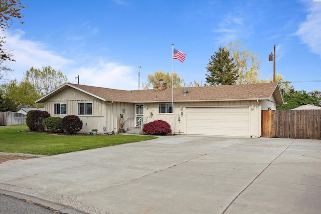 single story home featuring fence, concrete driveway, roof with shingles, a front yard, and a garage