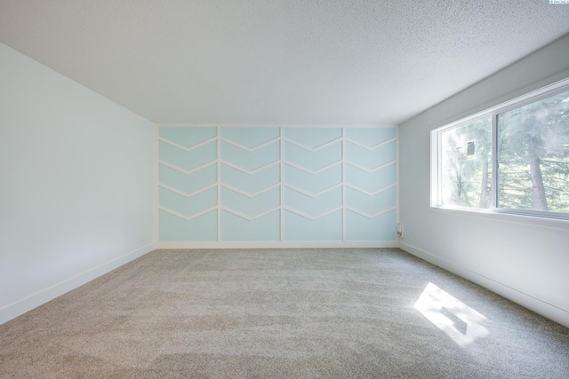 spare room with carpet floors, a textured ceiling, and baseboards