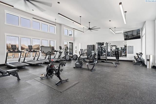 gym with ceiling fan and electric panel