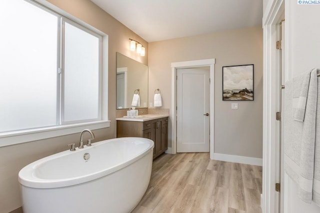 bathroom featuring wood-type flooring, a bath, and vanity