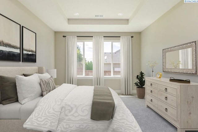 carpeted bedroom with a tray ceiling