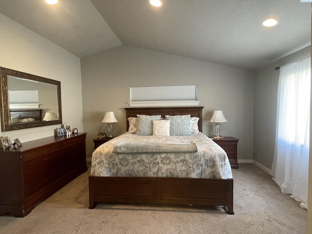 230 Ladera St, Prosser, WA 99350 - bedroom featuring baseboards, recessed lighting, light colored carpet, and lofted ceiling