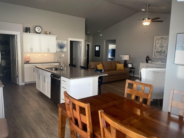 230 Ladera St, Prosser, WA 99350 - kitchen featuring backsplash, dark wood-type flooring, ceiling fan, dishwashing machine, and a sink