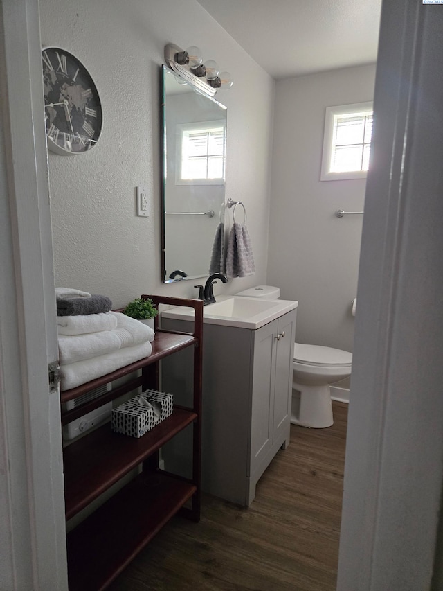 bathroom with hardwood / wood-style floors, vanity, a wealth of natural light, and toilet