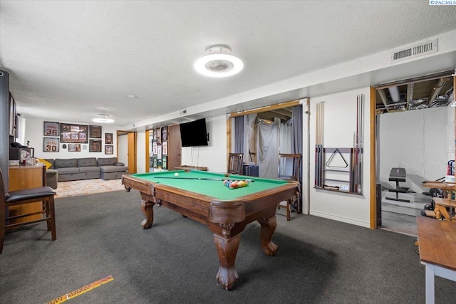 rec room with billiards, carpet flooring, and a textured ceiling