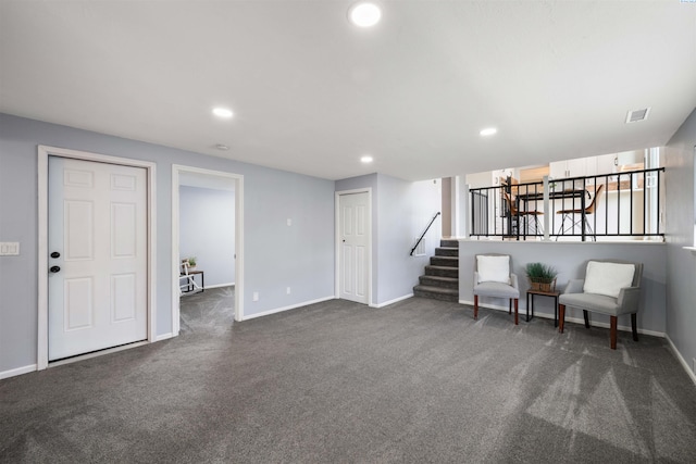 814 Cottonwood Loop, Richland, WA 99354 - sitting room featuring dark colored carpet, baseboards, recessed lighting, and stairs