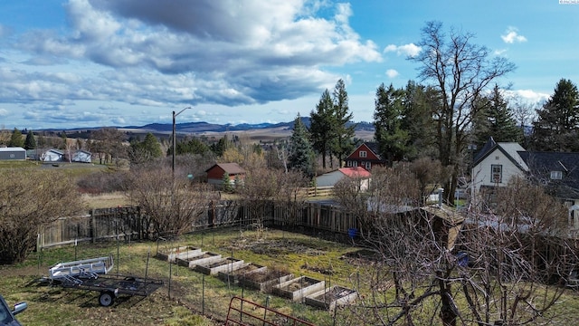 view of yard with fence, a vegetable garden, and a mountain view