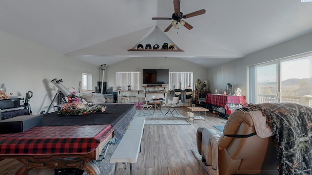 living room featuring a ceiling fan, vaulted ceiling, and wood finished floors