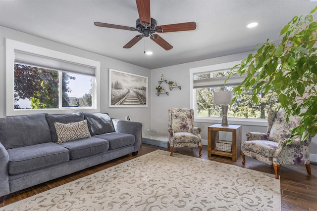 7816 W Argent Rd, Pasco, WA 99301 - living room featuring dark wood-type flooring and ceiling fan