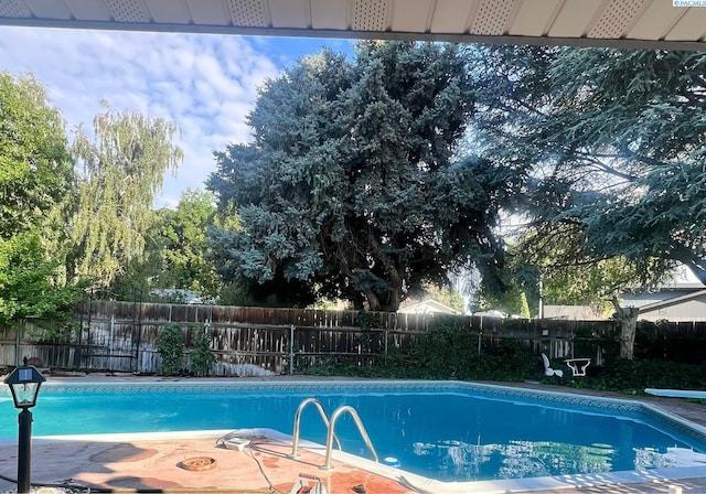 view of swimming pool with a fenced in pool, a fenced backyard, and a diving board